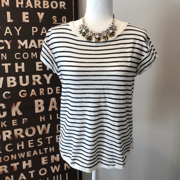 LOFT navy stripe sweater w curved hem - Picture 2 of 5